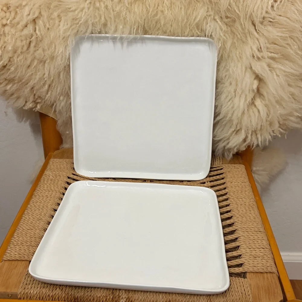2 Dinner Plates Crate & Barrel Mercer White Square Porcelain Dinner Plates